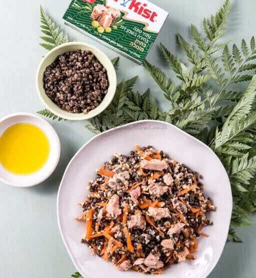 בורגול עדשים וגזר בתוספת נתחי טונה בהירה בשמן זית כתית מעולה | צילום מנה: טל סיון ציפורין | עיבוד צילום: שולי סונגו ©